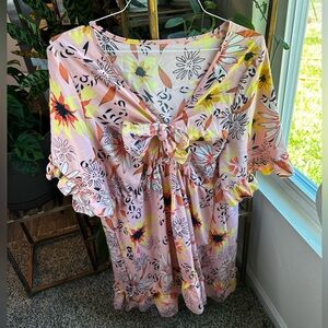 Plus Size Floral tie front, puffed sleeve Knee length dress